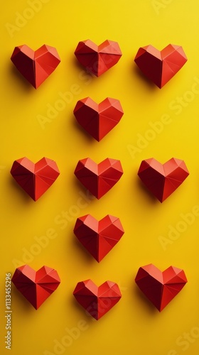 Red origami hearts arranged in a pattern on a bright yellow background