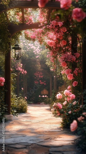 Beautiful pink roses lining a serene garden pathway with soft sunlight filter...