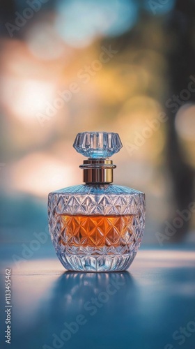 Elegant glass perfume bottle filled with amber liquid against a soft, sunlit ...