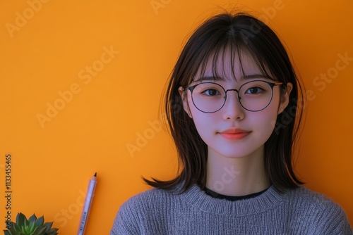 Young woman with glasses smiling against a bright orange background while hol...