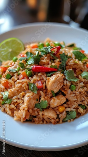 Delicious chicken fried rice with fresh vegetables and lime at a lively restaurant