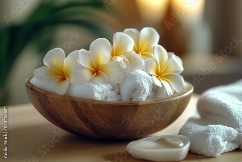 Relaxing spa setup with fresh flowers and towel arranged in a wooden bowl