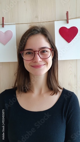 Smiling woman with eyeglasses in front of heart decorations indoors