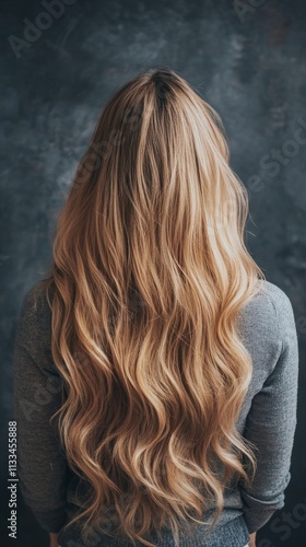 Beautiful golden blonde hair with soft waves cascading down in natural shine ...