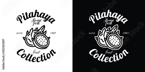 Emblem collection of fruits. Pitahaya. Original vector illustration in vintage style. T-shirt design.