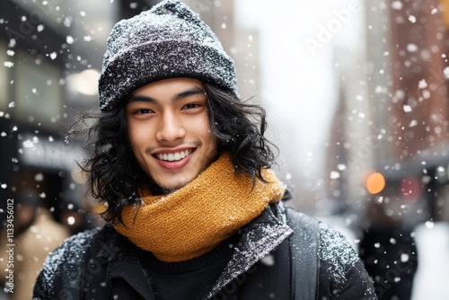 Young man smiles joyfully while walking through snowy city streets during winter afternoon photo