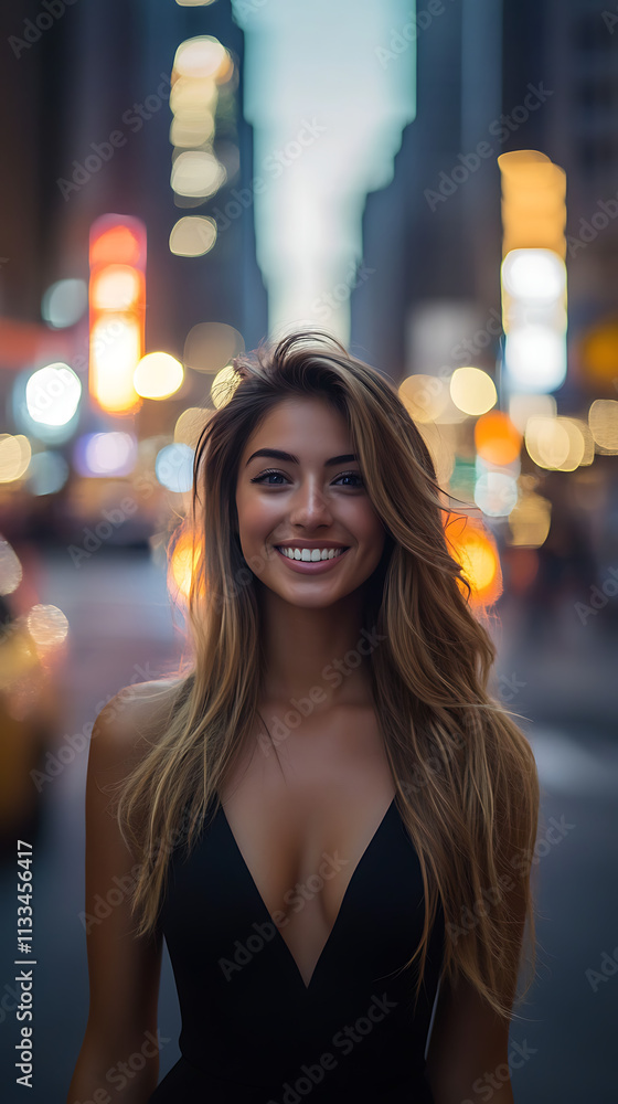 Young woman smiles brightly at night in a bustling city street adorned with colorful lights Young woman smiles brightly at night in a bustling city street adorned with colorful lights