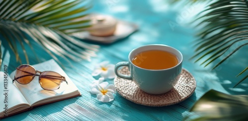 Warm cup of tea on a vibrant table surrounded by tropical elements and relaxa...