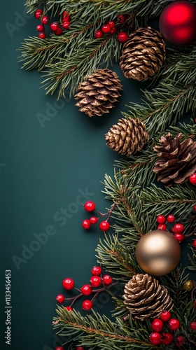 Festive holiday decorations showcasing red and gold ornaments with pine cones...