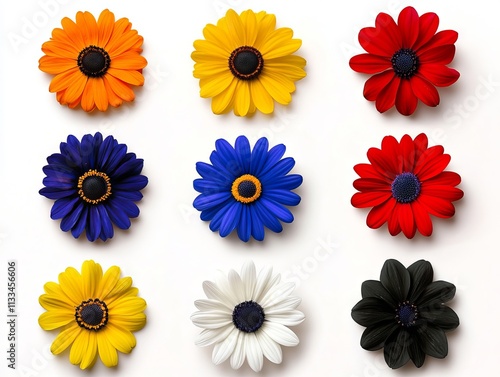 A bunch of different colored flowers on a white background photo