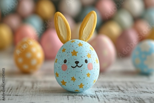 Colorful Easter egg with bunny ears and smiling face among decorated eggs