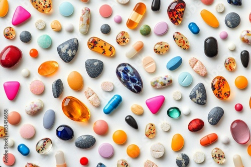 Colorful array of various pills and candies scattered on a white surface