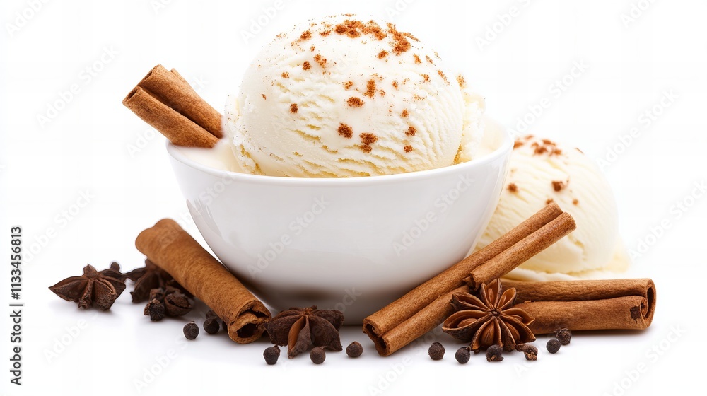 Delicious vanilla ice cream with cinnamon sticks and chocolate sprinkles in a white bowl. Delicious vanilla ice cream with cinnamon sticks and chocolate sprinkles in a white bowl.