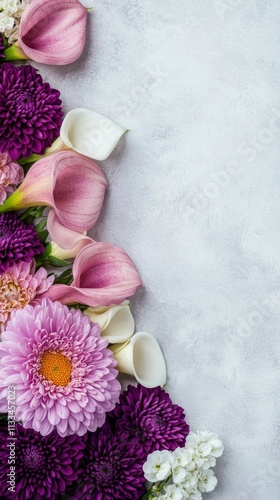 Vibrant arrangement of purple and white flowers on a light background during ...