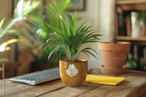 Green plant in decorative pot on wooden desk with keyboard and notebook in co...