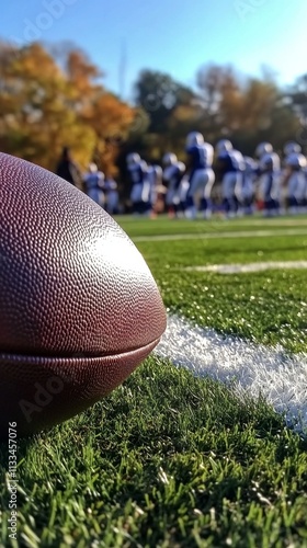 Football resting on field with players practicing in background during sunny day