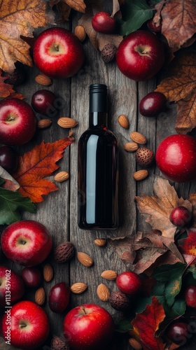 Vibrant autumn arrangement with wine bottle, red apples, and colorful leaves ...