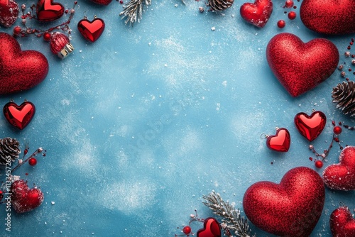 Decorative red hearts with pine cones and snow on light blue background for f...