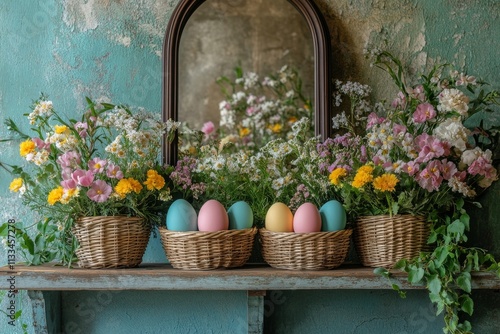 Elegant Easter decoration with pastel eggs and spring flowers in a vintage se...