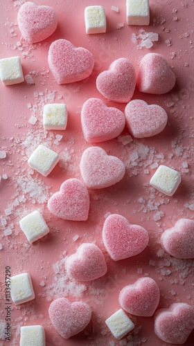 Colorful heart shaped candies scattered on a vibrant pink background with sug...
