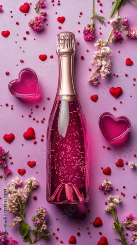 Pink sparkling drink surrounded by flowers and hearts for a romantic celebration