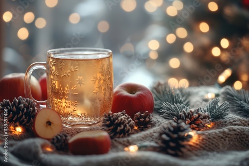 Warm spiced drink with apples and pinecones during a cozy winter gathering