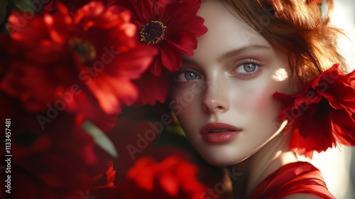 Wallpaper Mural A beautiful woman surrounded by vibrant red flowers, enhancing her captivating gaze and radiant beauty in soft natural light. Torontodigital.ca
