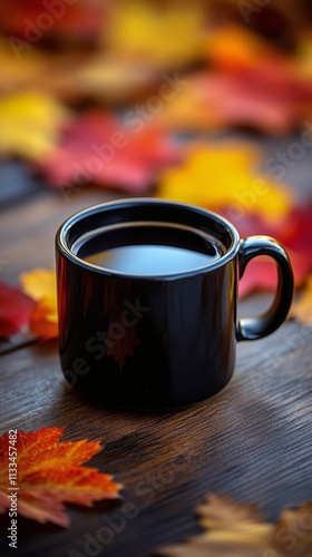 Black cup of coffee surrounded by colorful autumn leaves on a wooden table