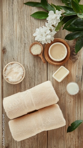 Spa setting with natural soap and soft towels on wooden surface