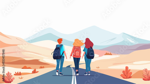 Group of young people travelling together on road cartoon vector illustration photo