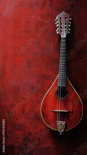 Beautiful mandolin against a vibrant red background showcasing musical crafts...