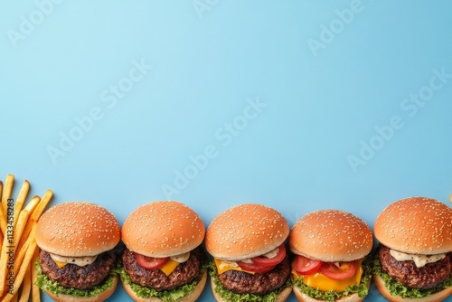 Delicious burgers arranged with crispy fries on a vibrant blue background