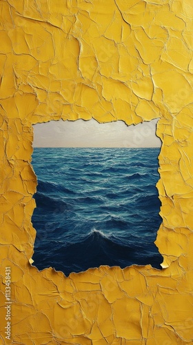 Creative wall art featuring ocean view surrounded by textured yellow frame