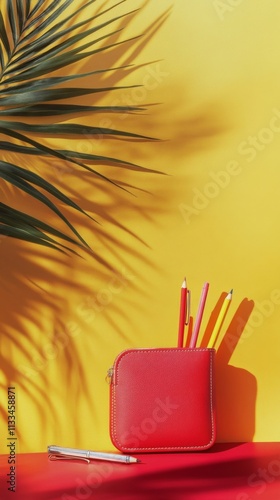 Bright and colorful workspace arrangement with red wallet and colored pencils...