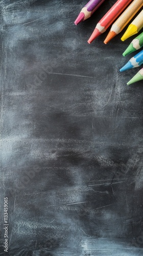 Crayons arranged on a chalkboard surface in vibrant colors for creative activ...