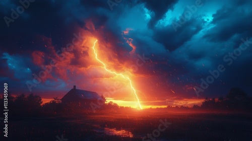 Dramatic lightning illuminates a quiet house during a stormy night in a rural...