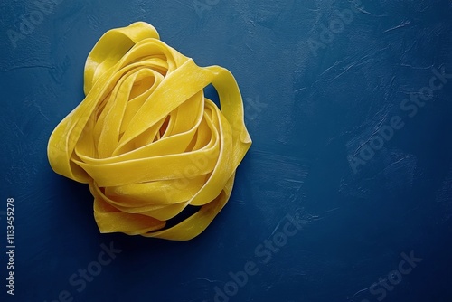 Freshly made yellow pasta arranged in a swirl on a blue background
