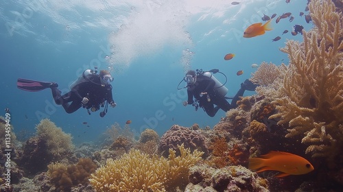 Wallpaper Mural Divers exploring a vibrant coral reef underwater. Torontodigital.ca