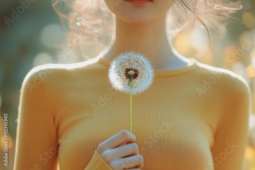 Young woman holding a dandelion in a sunny flower field during the afternoon