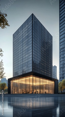 Modern glass building at dusk with sleek design and urban surroundings