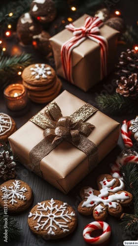 Festive holiday gifts with decorative elements and baked treats on a dark sur...