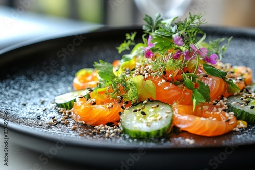 Delicious citrus salmon salad served on a black plate with fresh herbs and ve...