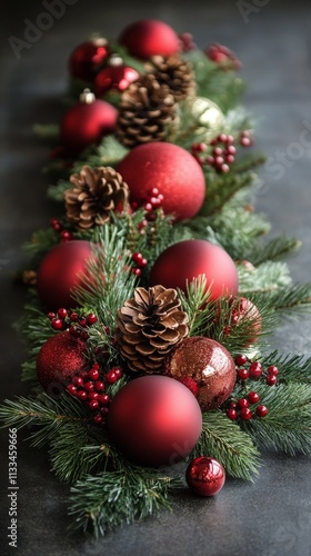 Festive holiday decoration featuring red ornaments and pinecones on dark back...