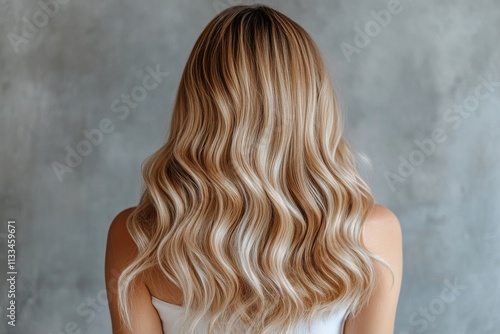 Beautiful wavy blonde hair styled on a model against a light backdrop