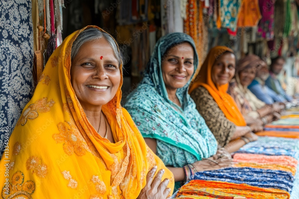 Fototapeta premium Indian textile merchants smiling at their work in a traditional market