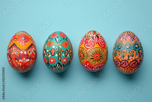 Colorful decorated eggs displayed on a blue background showcasing traditional...