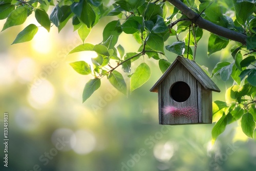 A small wooden birdhouse hangs from a tree branch surrounded by lush green le...
