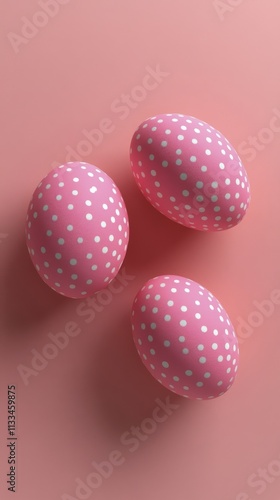 Colorful pink Easter eggs with white dots arranged on a soft pink background