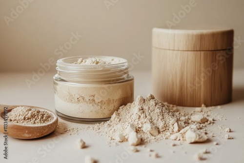 Loose powder cosmetics containers with spilled product on a light surface dur...
