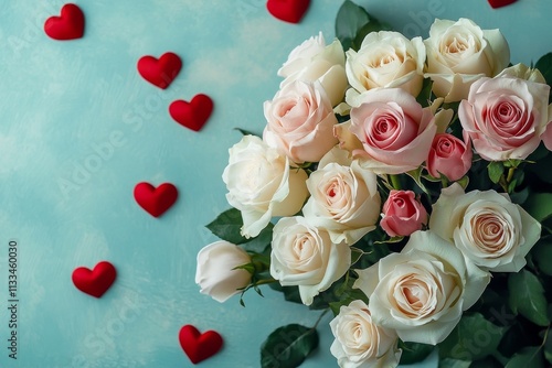 Beautiful bouquet of roses arranged with red hearts for a romantic occasion